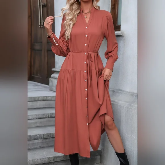 NWT - Button Down Notched Neck Red Orange Midi Dress - Size L - Picture 3 of 8